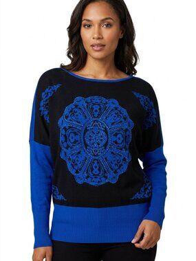 Laura Dolman Sleeves Black Royal Blue Medallion Sweater Rhinestone XLP Petite